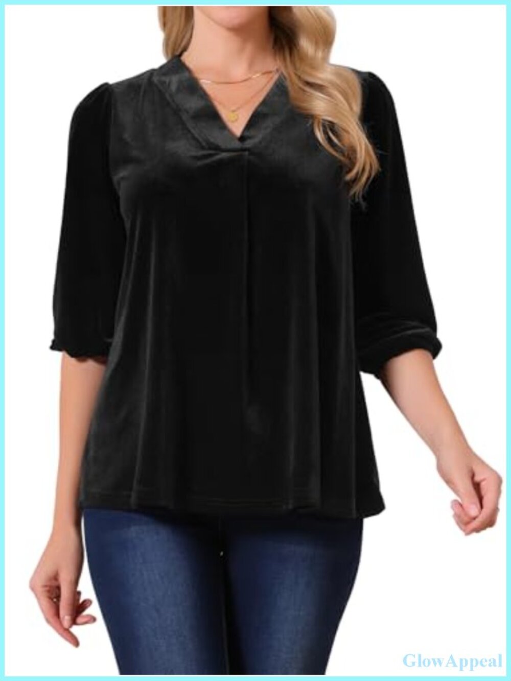 Women's Velvet Tunic Top 3/4 Puff Sleeve V Neck Dressy Casual Blouse